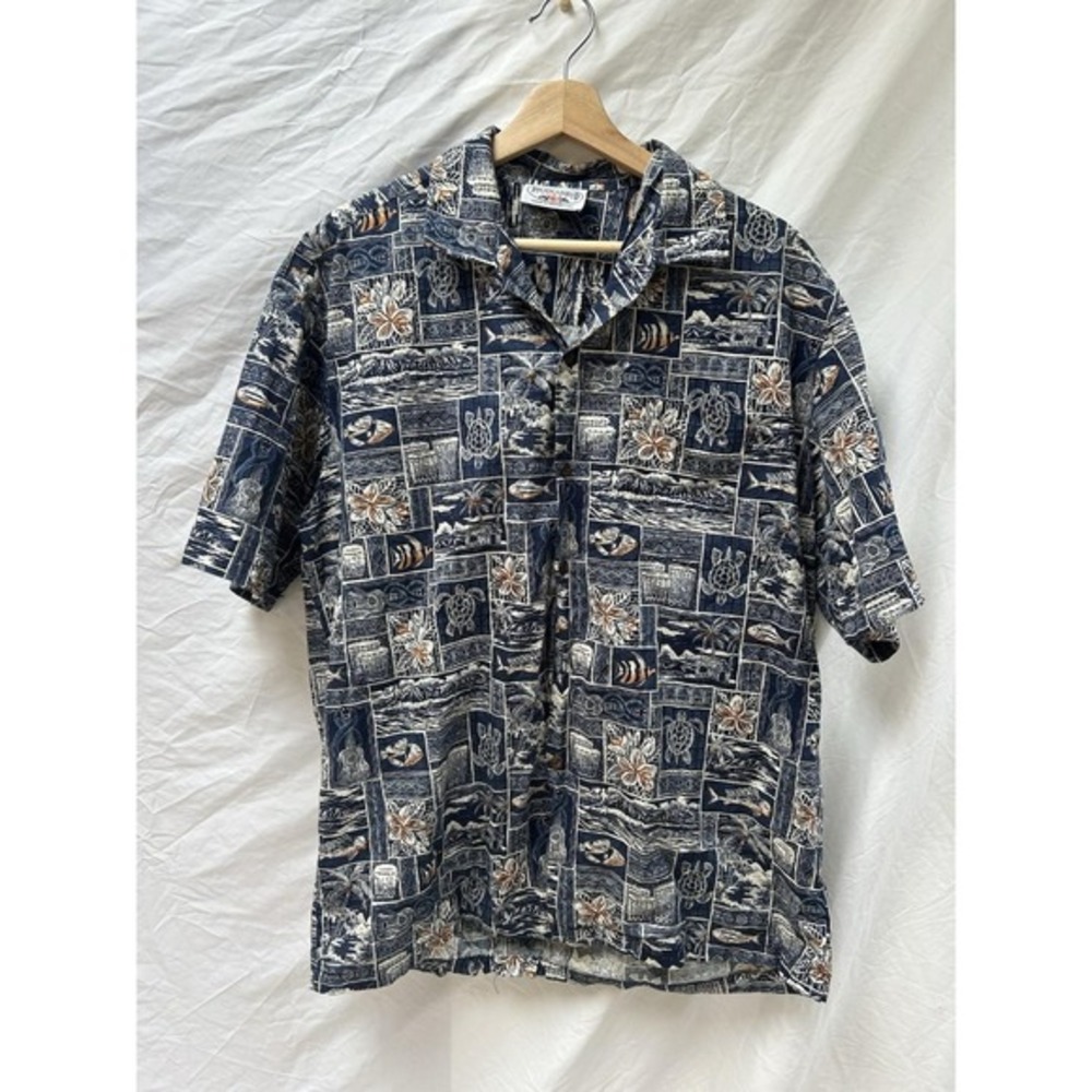 Mens Pacific Legend Hawaiian Aloha Sea Turtle Island Mosaic Camp‎ Shirt Large